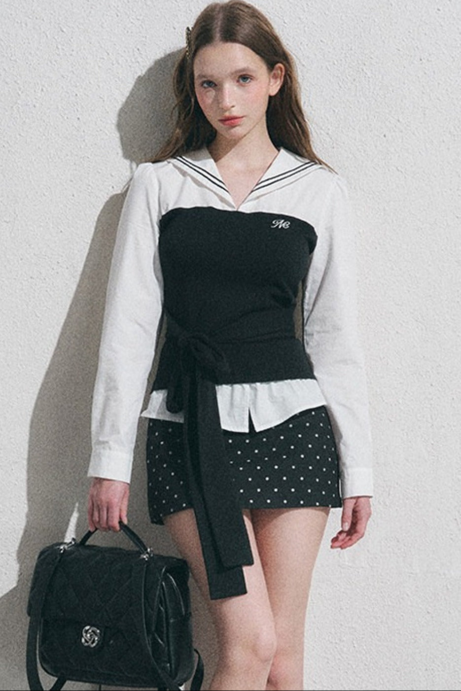 Navy Collar Polka Dot Blouse Set-Up