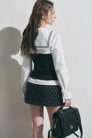 Navy Collar Polka Dot Blouse Set-Up