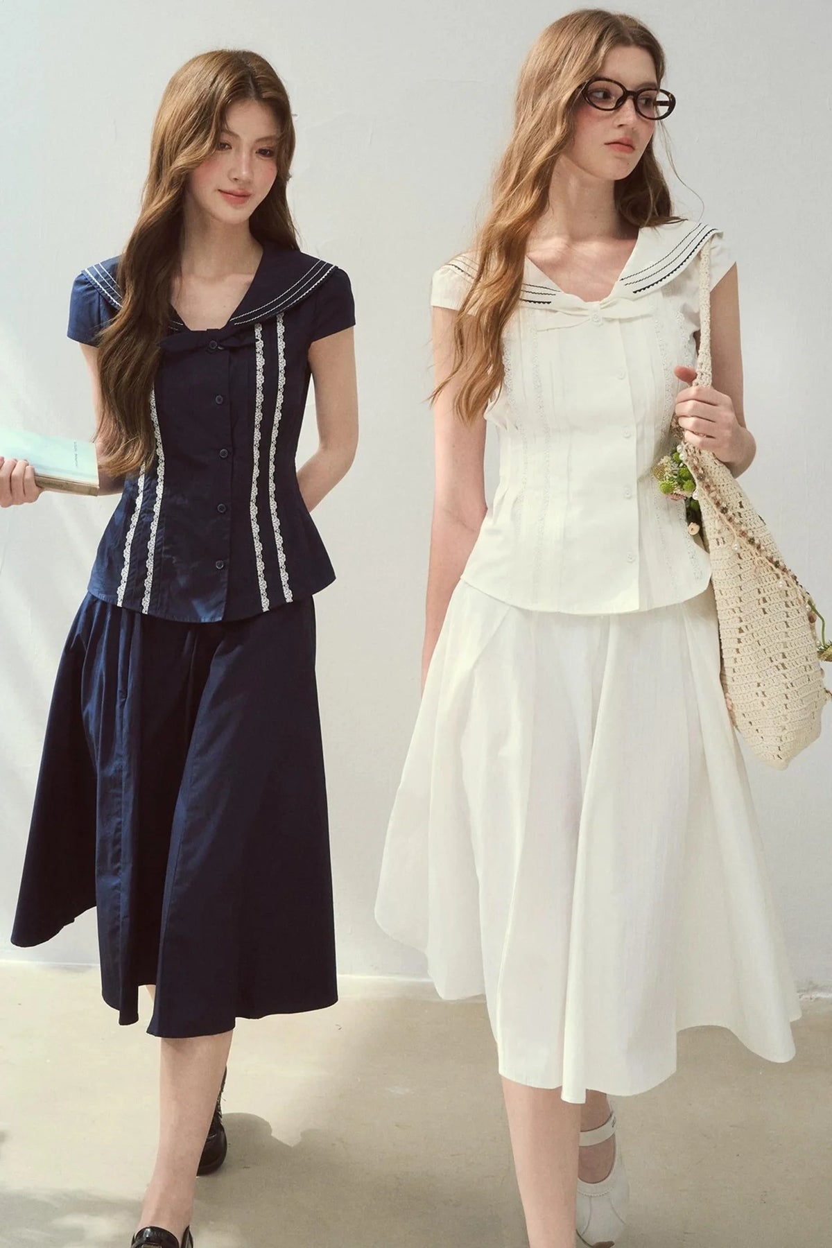 Navy Collar Skirt Suit Set-Up