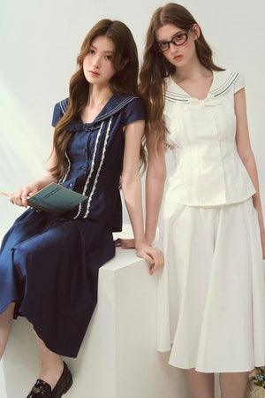 Navy Collar Skirt Suit Set-Up