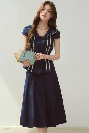Navy Collar Skirt Suit Set-Up