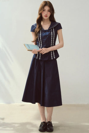 Navy Collar Skirt Suit Set-Up