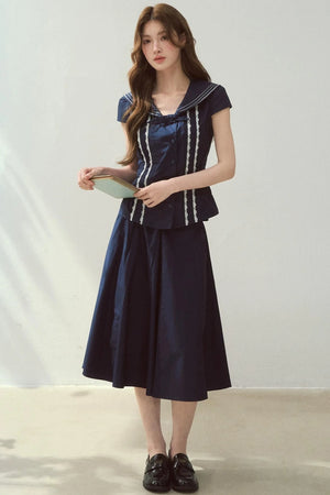 Navy Collar Skirt Suit Set-Up