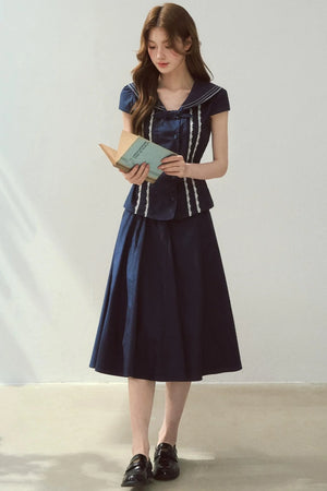 Navy Collar Skirt Suit Set-Up