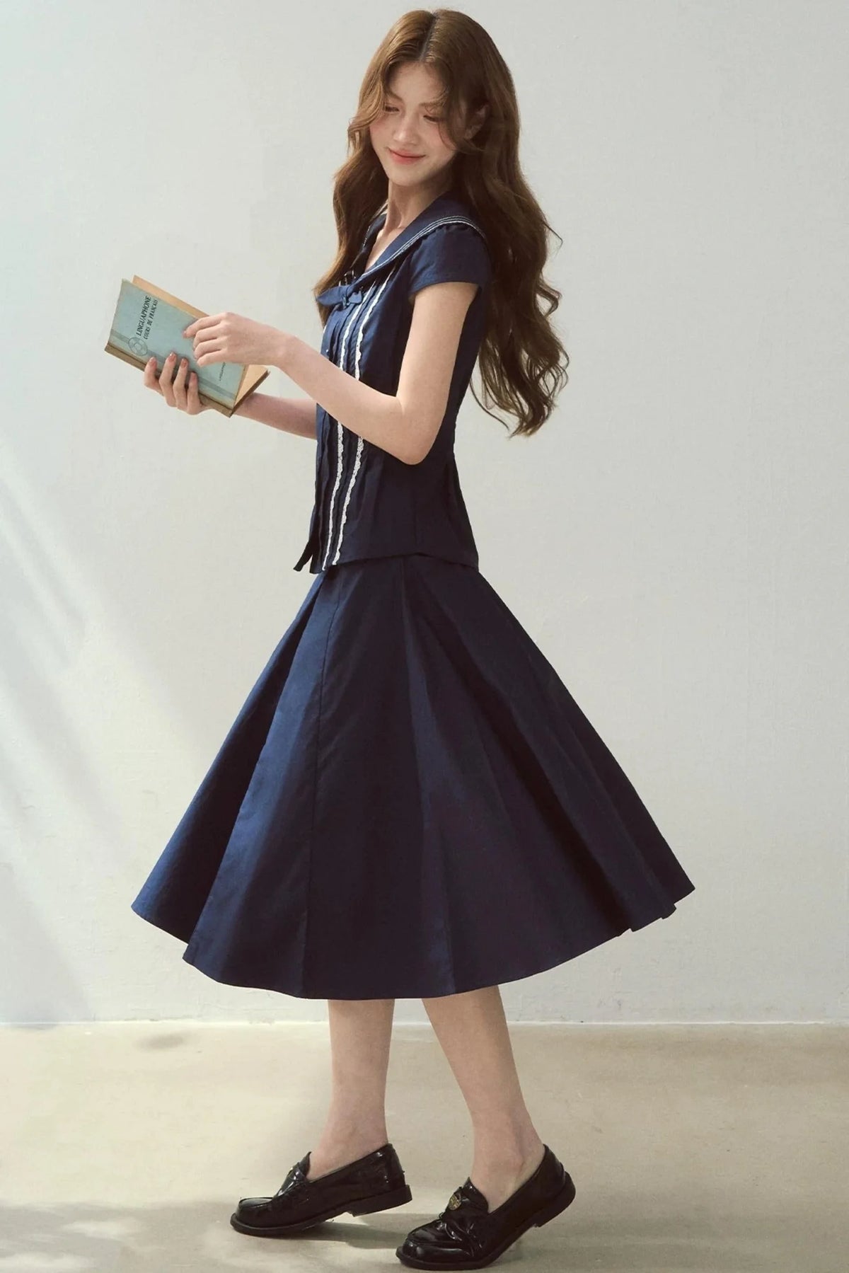 Navy Collar Skirt Suit Set-Up