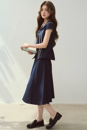 Navy Collar Skirt Suit Set-Up