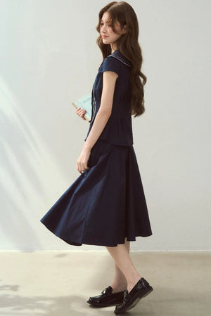 Navy Collar Skirt Suit Set-Up