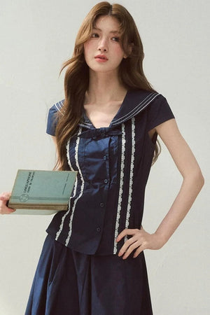 Navy Collar Skirt Suit Set-Up
