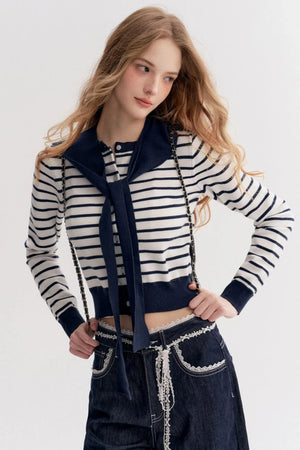 Navy Core Knitted Cardigan Two-Piece Top Set