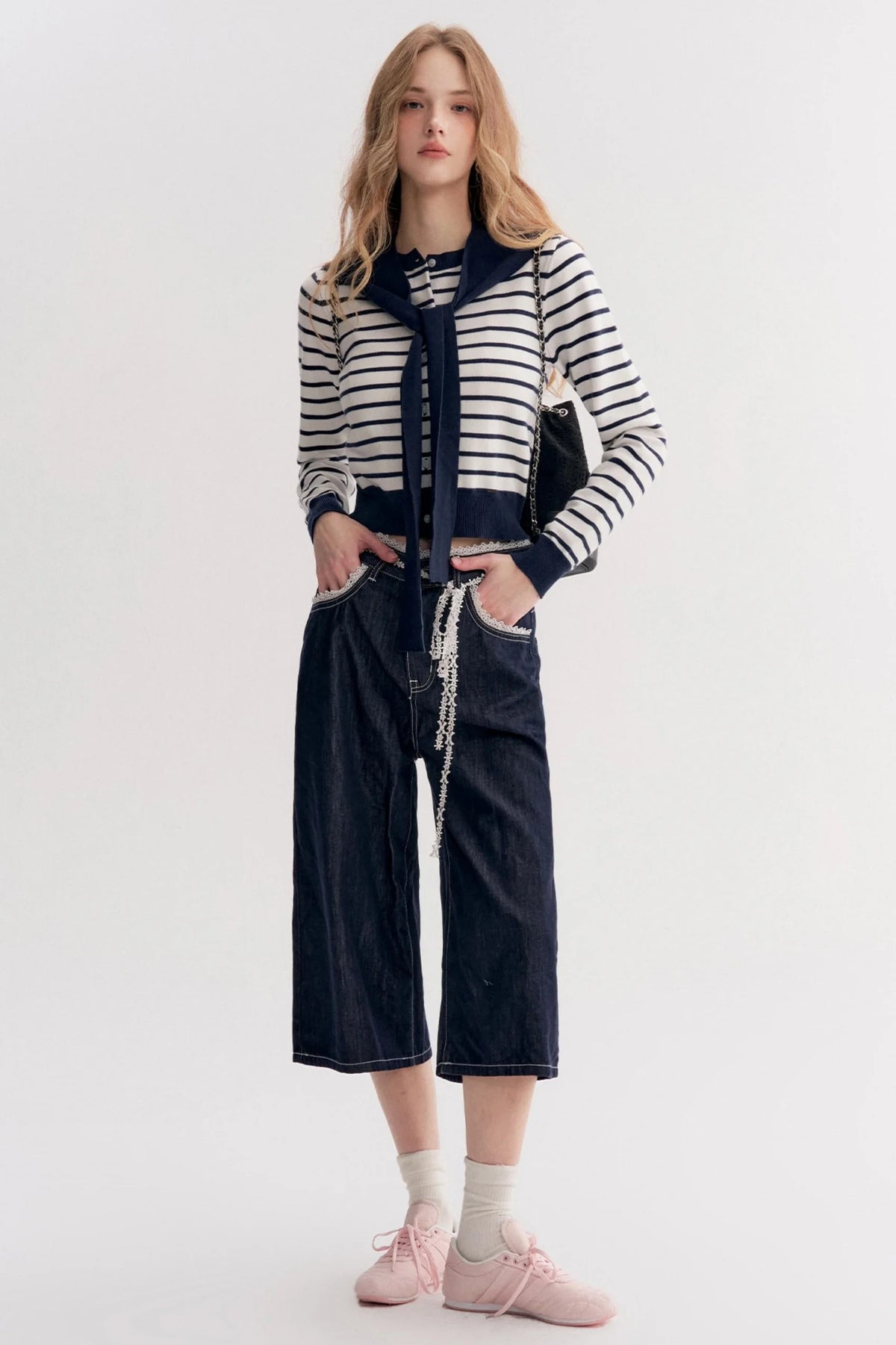 Navy Core Knitted Cardigan Two-Piece Top Set