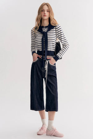 Navy Core Knitted Cardigan Two-Piece Top Set