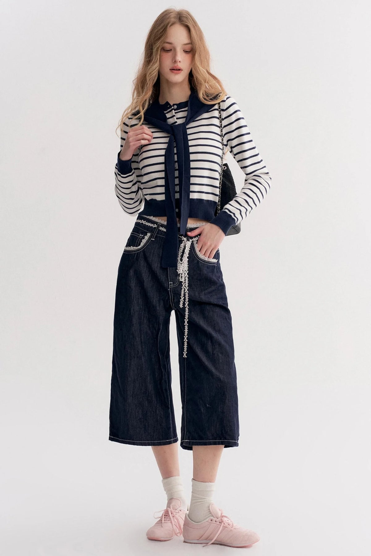 Navy Core Knitted Cardigan Two-Piece Top Set