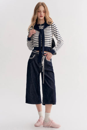 Navy Core Knitted Cardigan Two-Piece Top Set