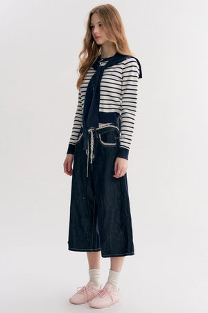 Navy Core Knitted Cardigan Two-Piece Top Set