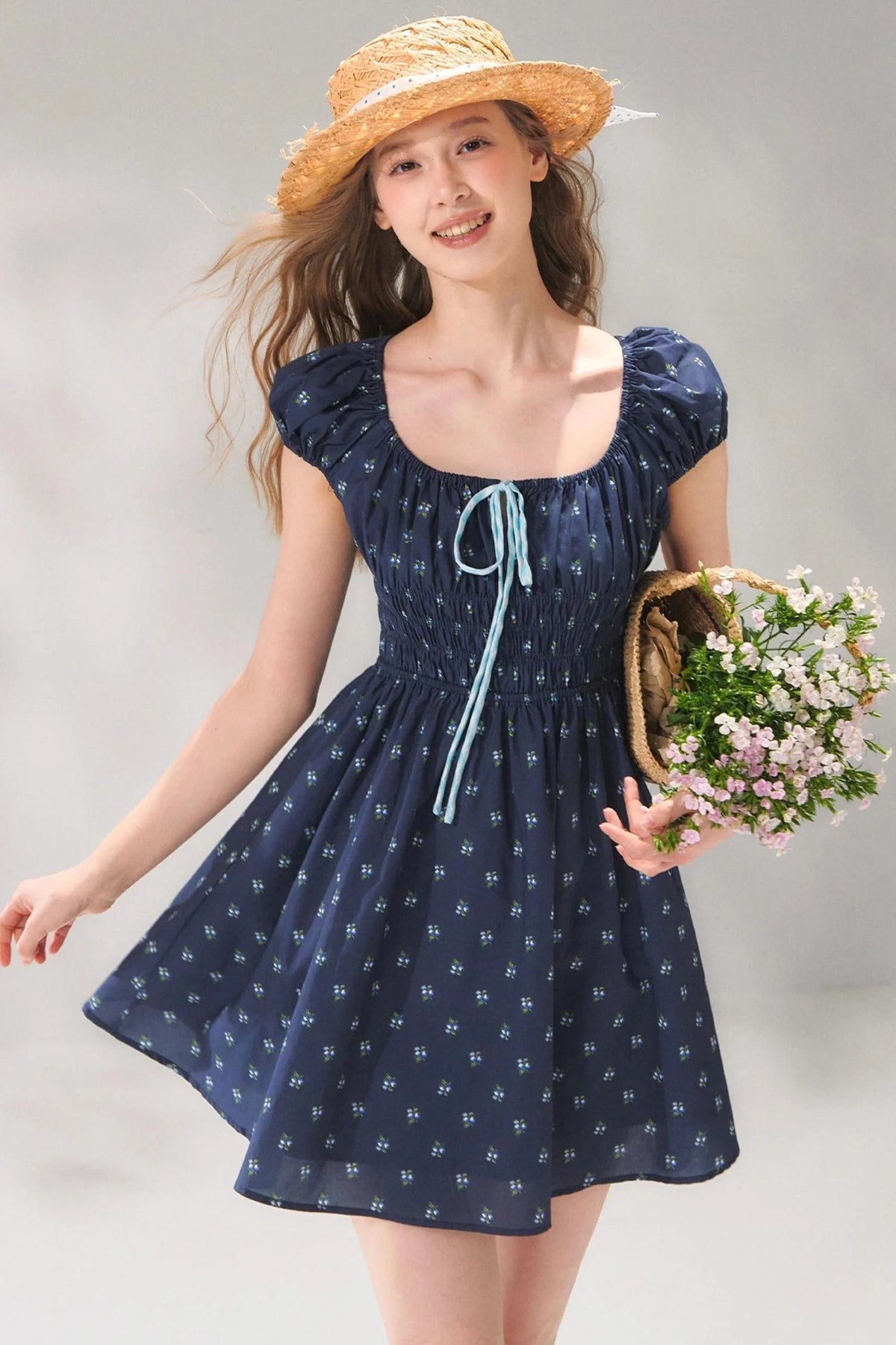 Navy Floral Tie-Up Dress