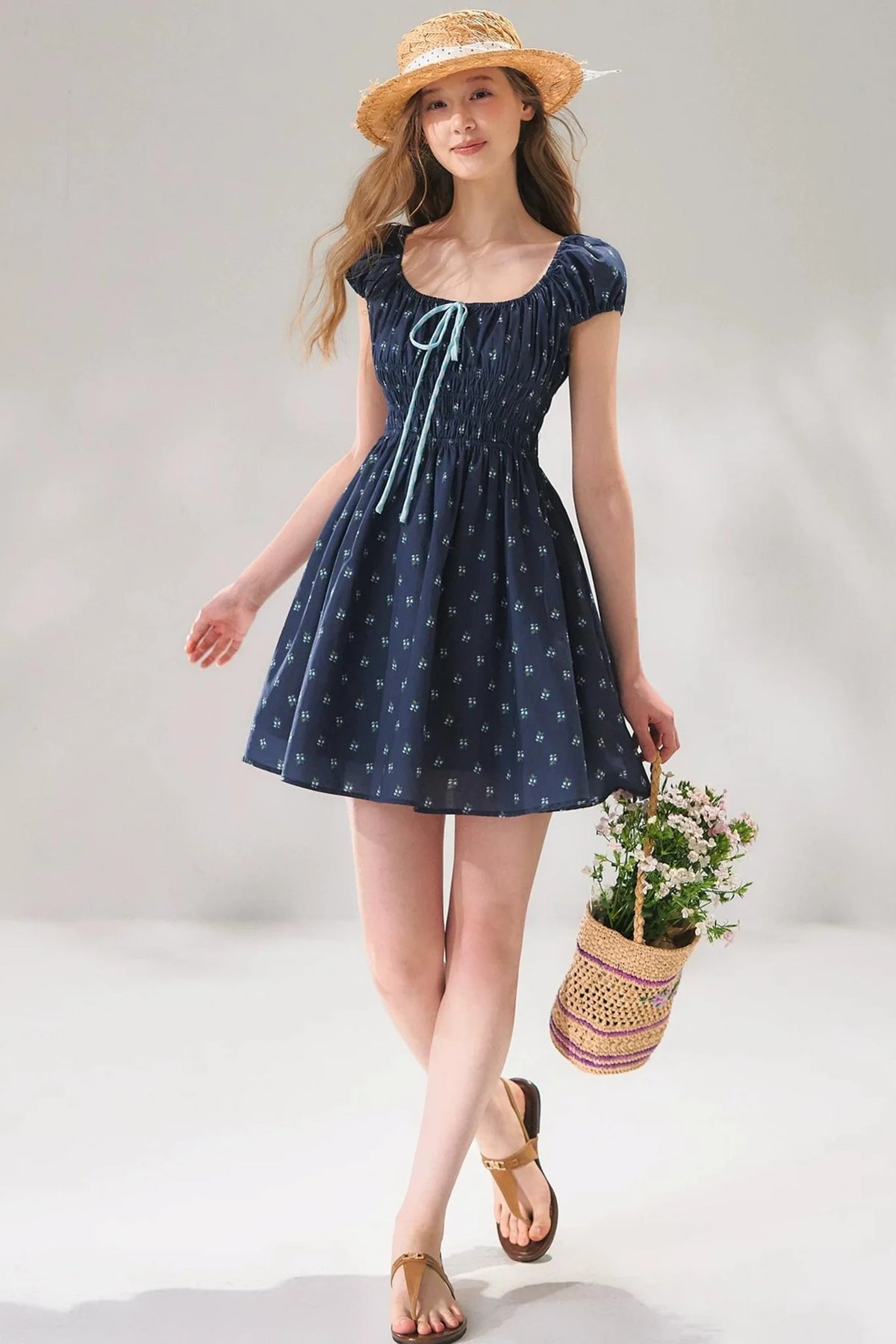 Navy Floral Tie-Up Dress