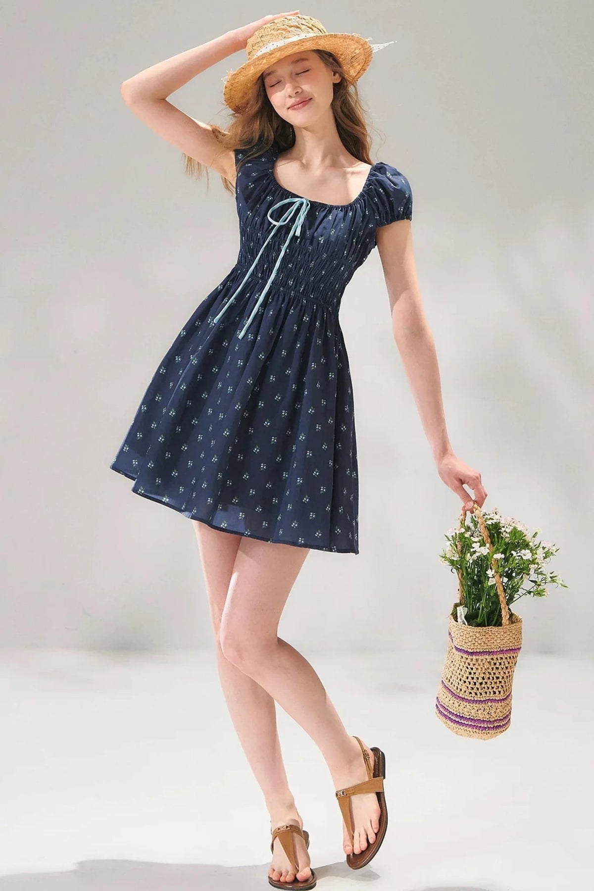 Navy Floral Tie-Up Dress