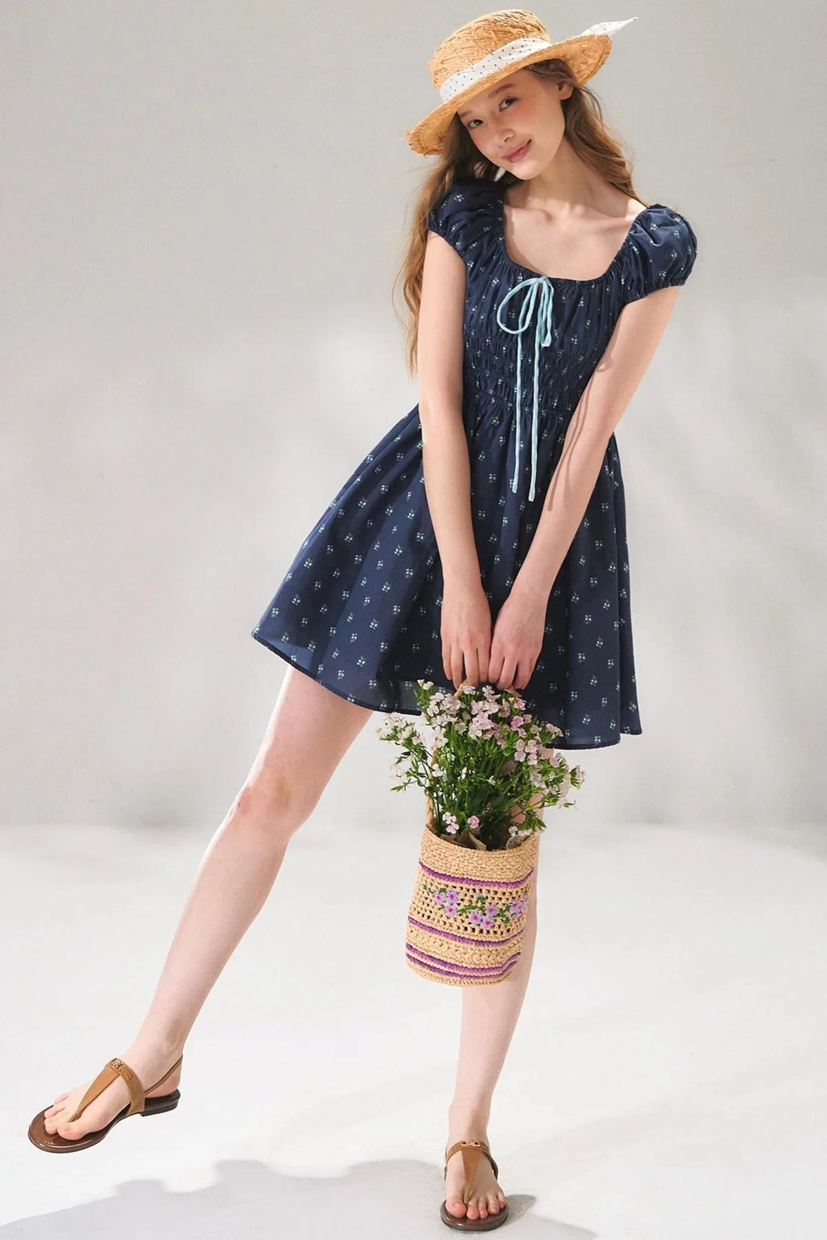 Navy Floral Tie-Up Dress