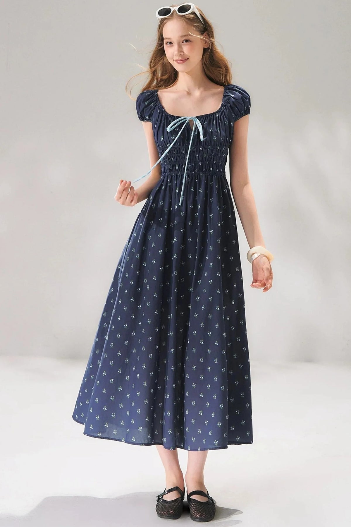 Navy Floral Tie-Up Dress