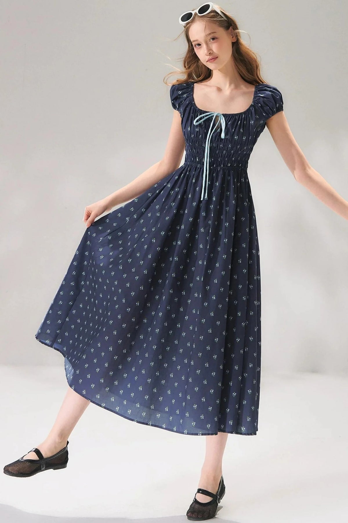 Navy Floral Tie-Up Dress
