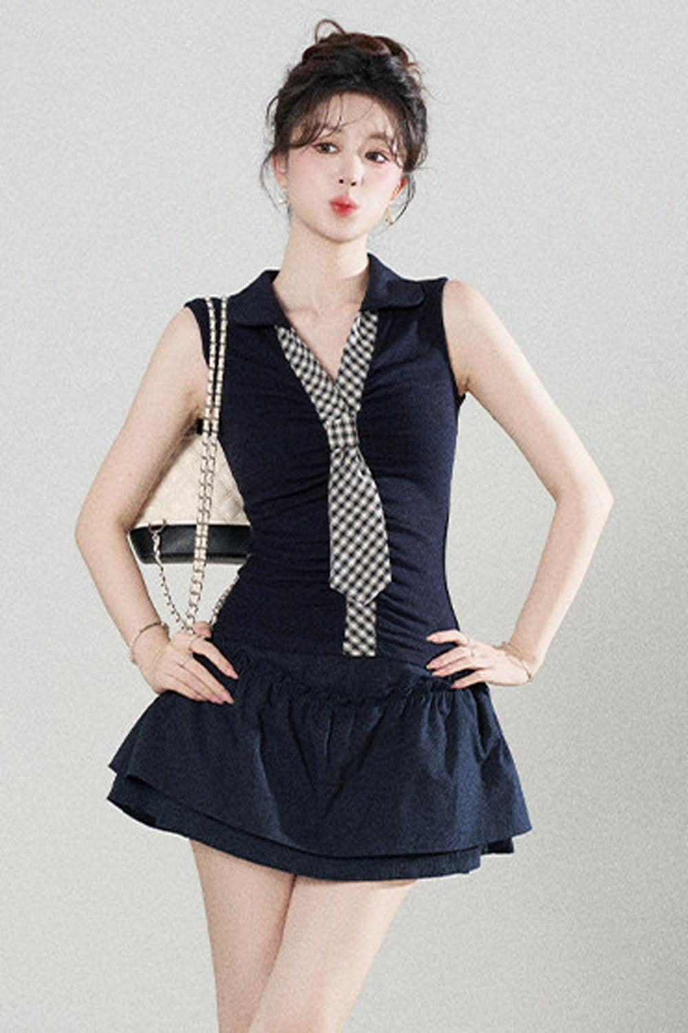 Navy Knit Short-Sleeve T-Shirt and Skirt Set-Up