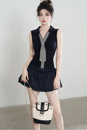Navy Knit Short-Sleeve T-Shirt and Skirt Set-Up