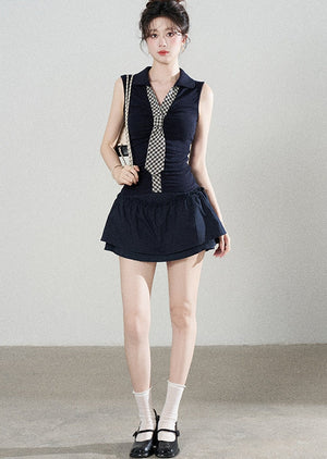 Navy Knit Short-Sleeve T-Shirt and Skirt Set-Up