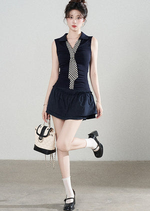 Navy Knit Short-Sleeve T-Shirt and Skirt Set-Up