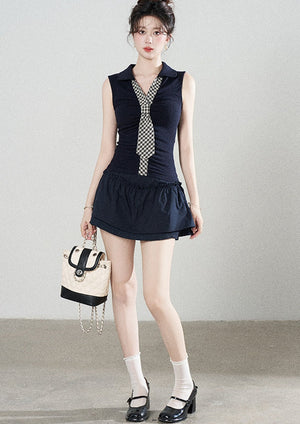 Navy Knit Short-Sleeve T-Shirt and Skirt Set-Up