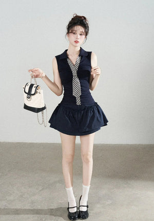 Navy Knit Short-Sleeve T-Shirt and Skirt Set-Up