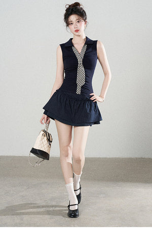 Navy Knit Short-Sleeve T-Shirt and Skirt Set-Up