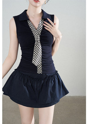 Navy Knit Short-Sleeve T-Shirt and Skirt Set-Up