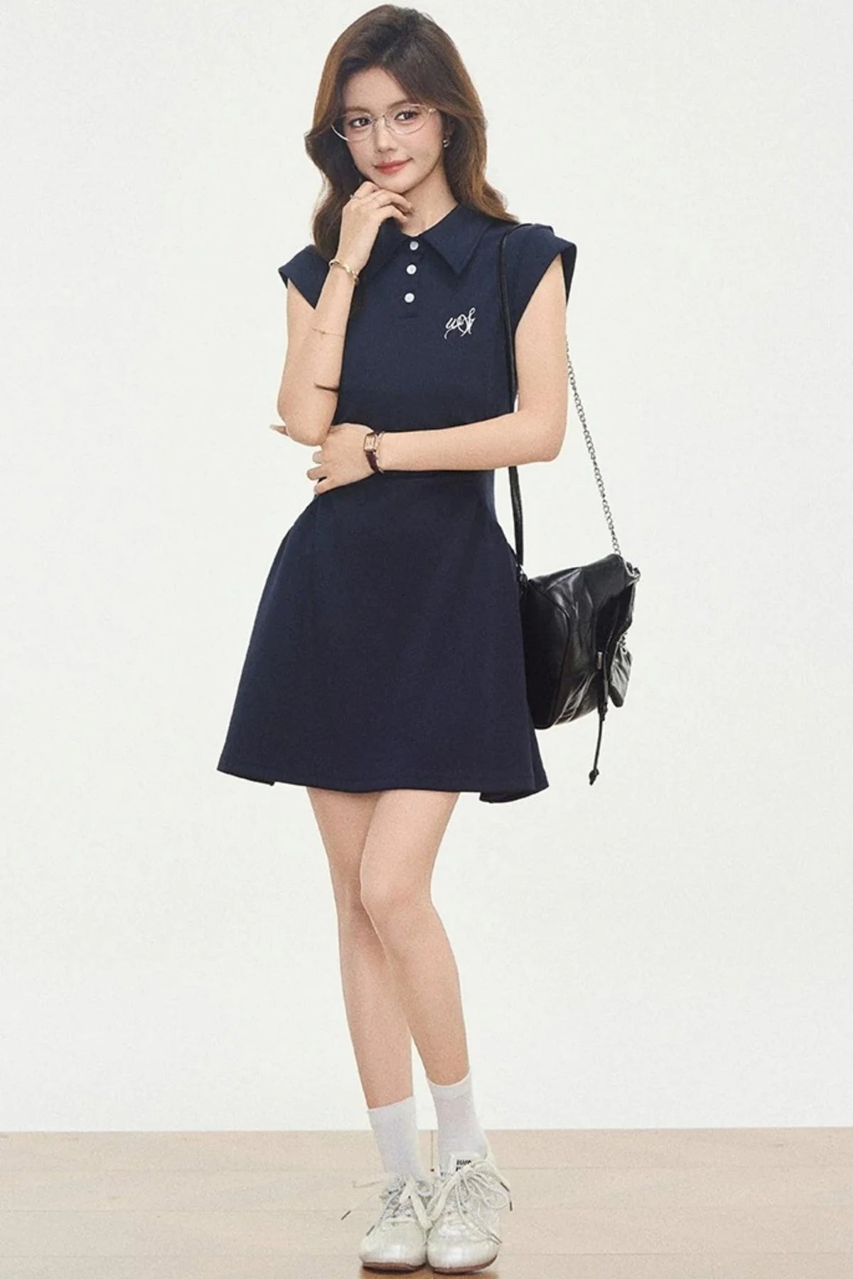 Navy Knitted Polo Dress