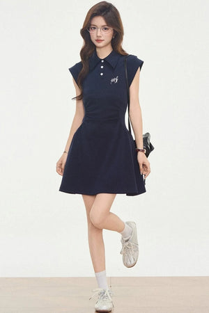 Navy Knitted Polo Dress