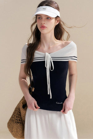 Navy Lyocell Off-Shoulder Knit Top
