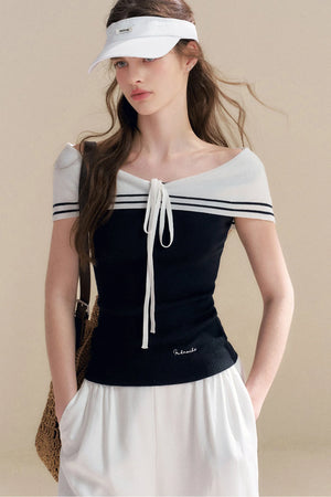Navy Lyocell Off-Shoulder Knit Top