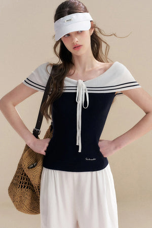Navy Lyocell Off-Shoulder Knit Top