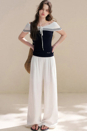 Navy Lyocell Off-Shoulder Knit Top