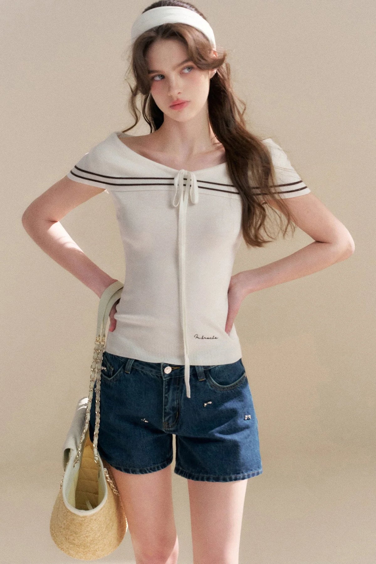 Navy Lyocell Off-Shoulder Knit Top
