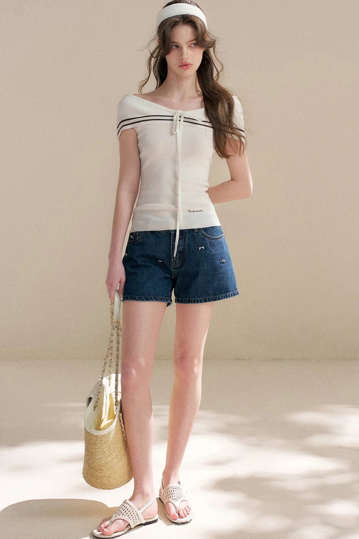 Navy Lyocell Off-Shoulder Knit Top