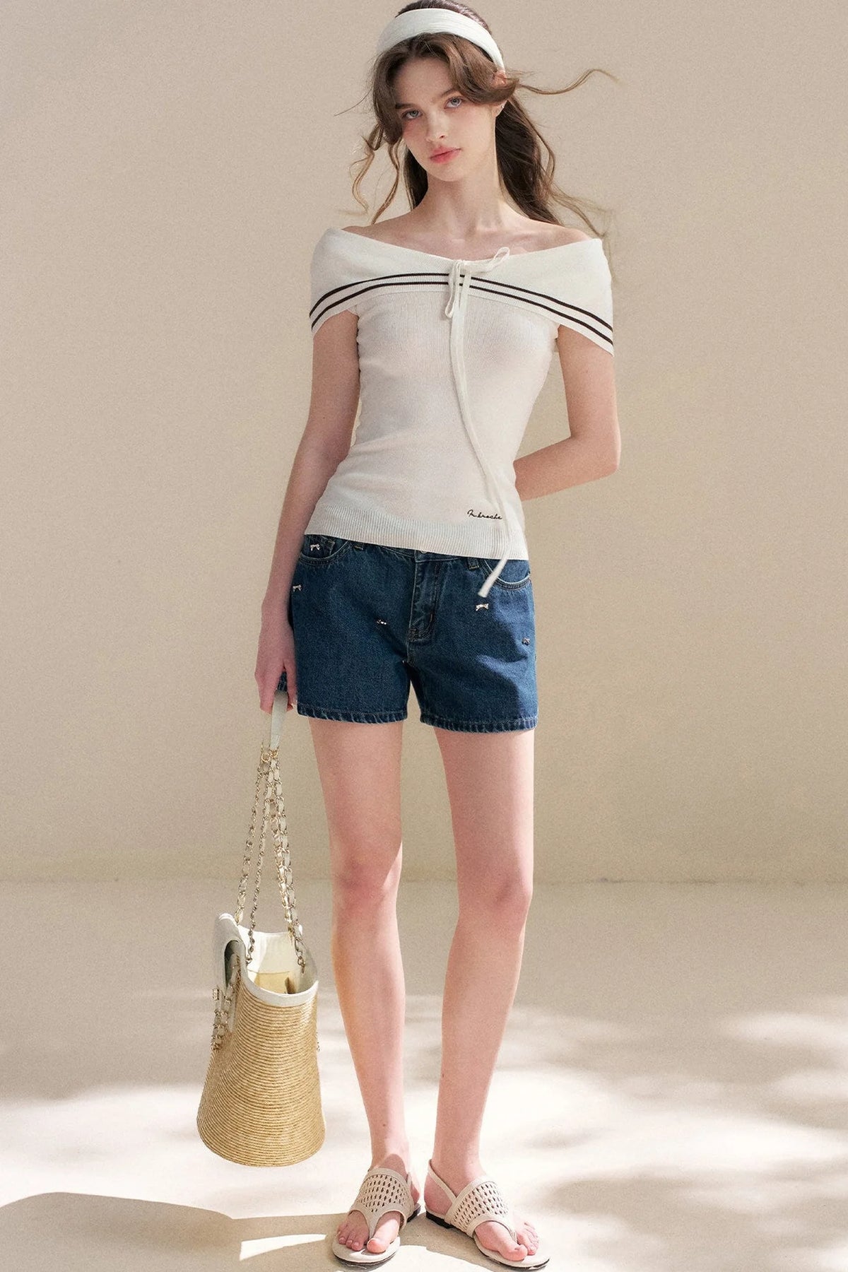 Navy Lyocell Off-Shoulder Knit Top