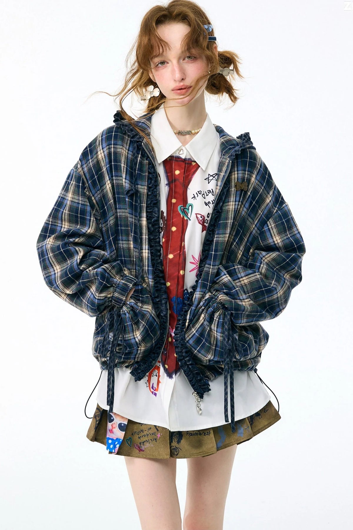 Navy Plaid Hooded Zipper Jacket
