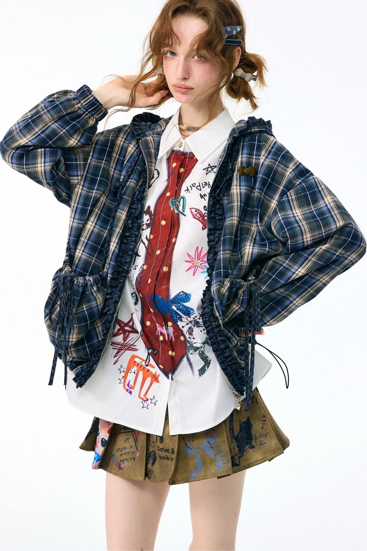 Navy Plaid Hooded Zipper Jacket