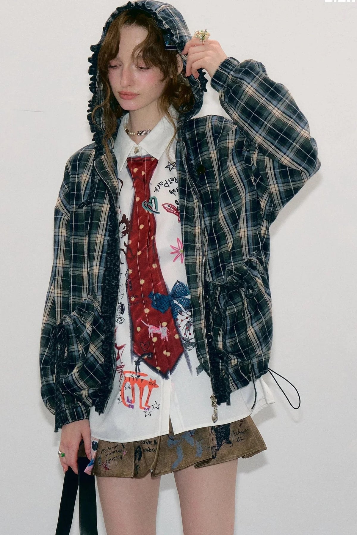 Navy Plaid Hooded Zipper Jacket