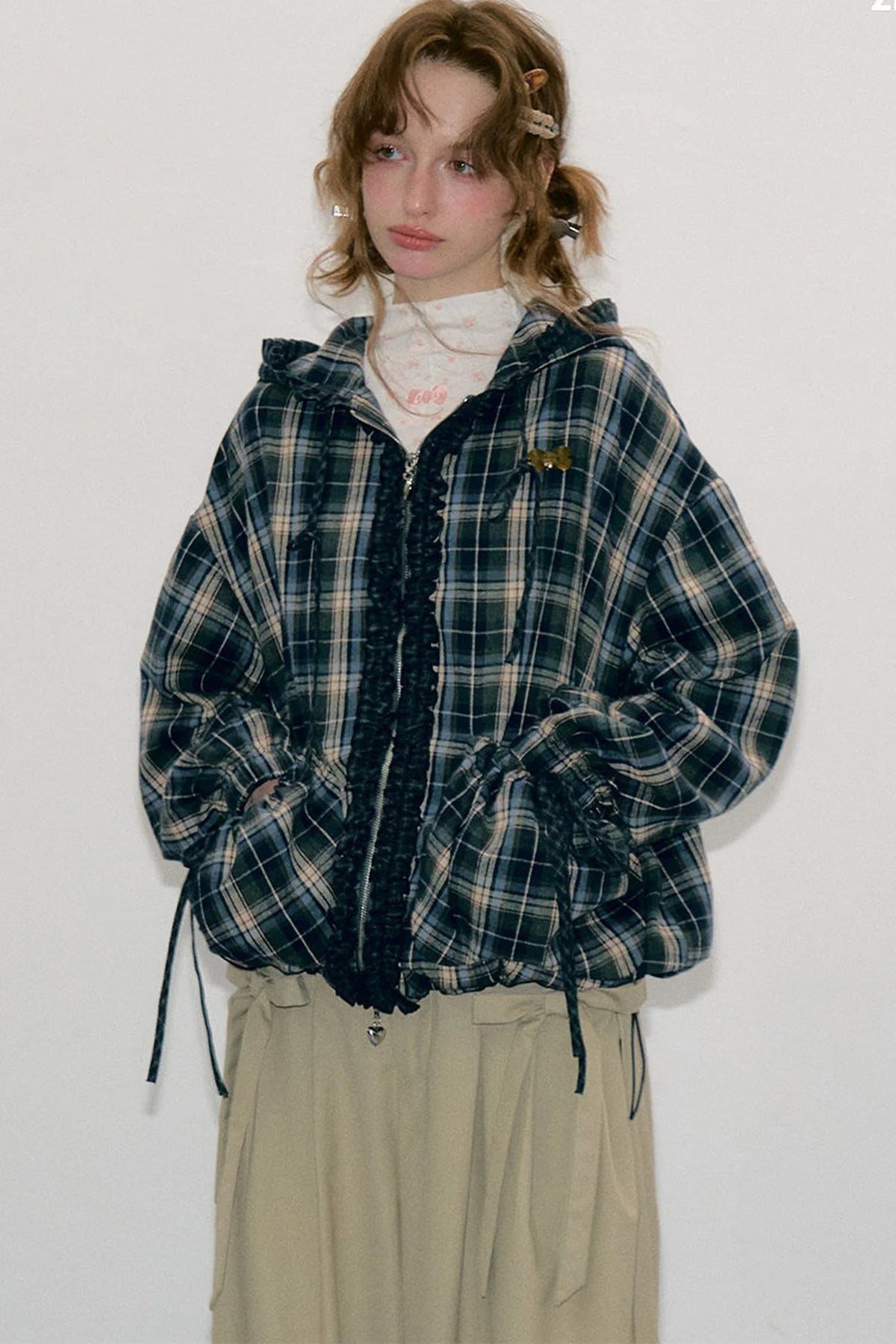 Navy Plaid Hooded Zipper Jacket