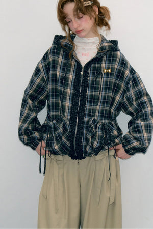 Navy Plaid Hooded Zipper Jacket