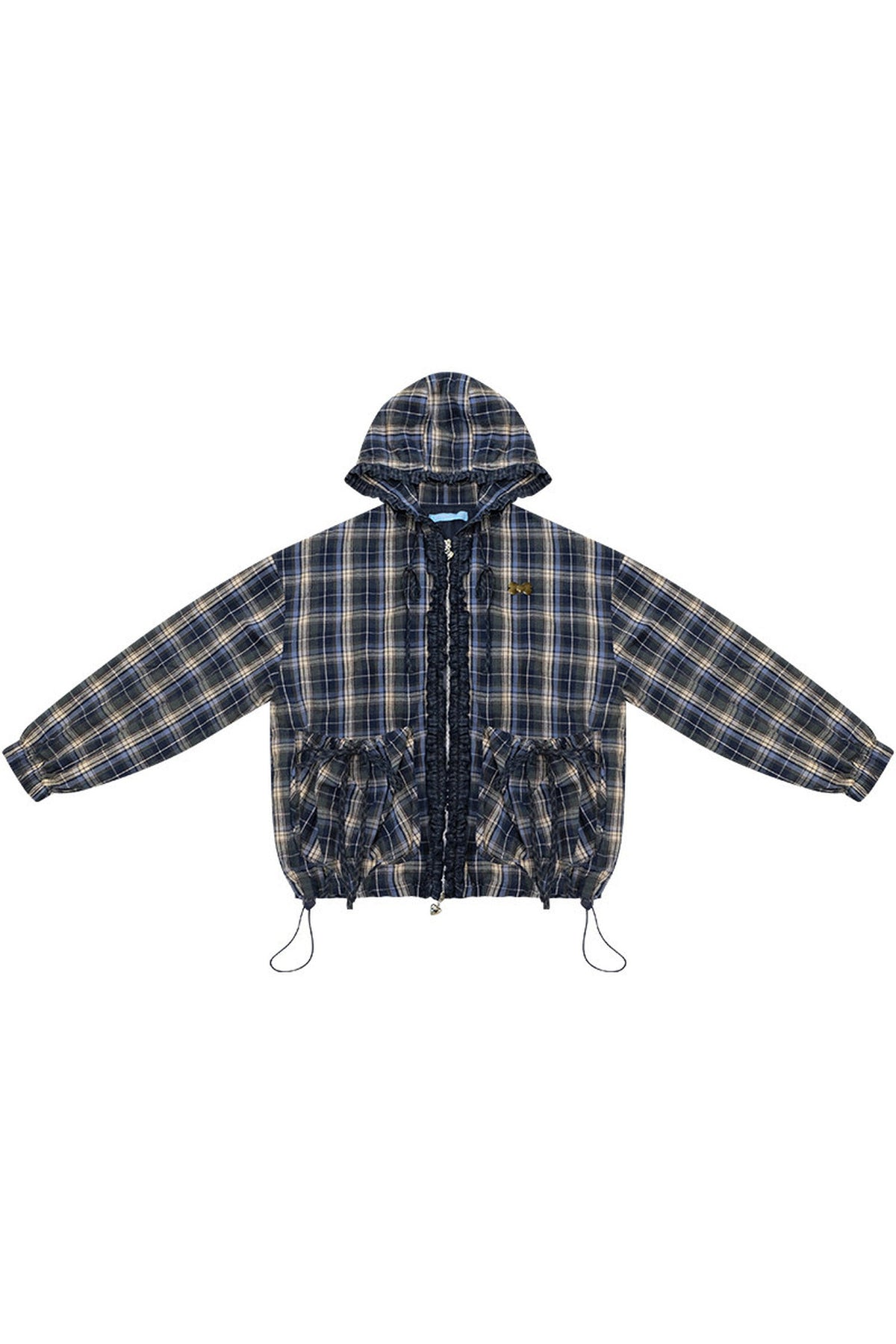 Navy Plaid Hooded Zipper Jacket