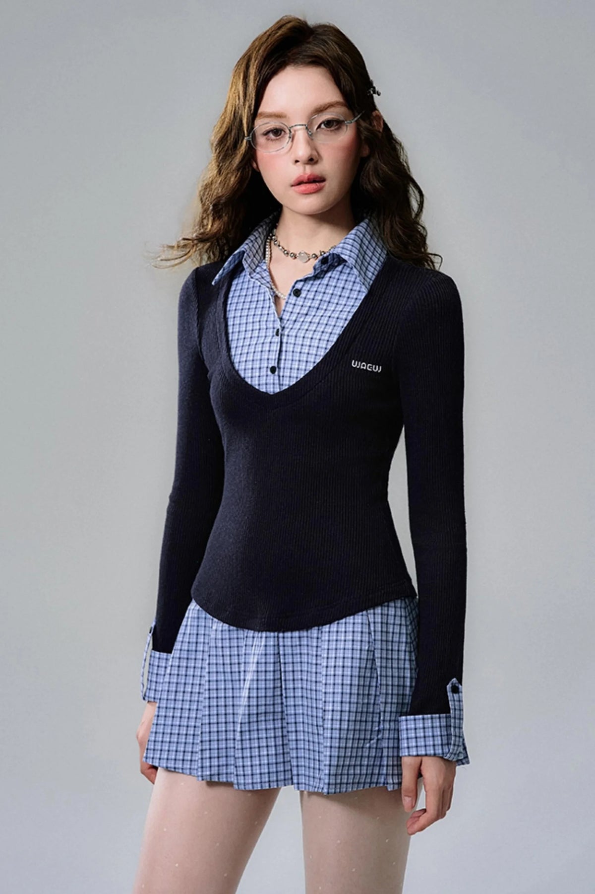 Navy Plaid Pleated Shirt Dress