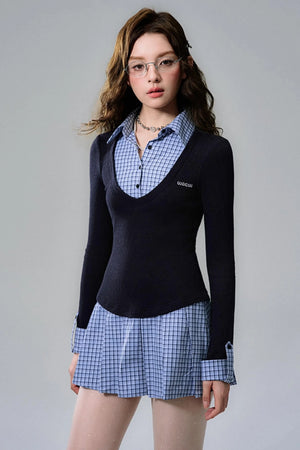 Navy Plaid Pleated Shirt Dress
