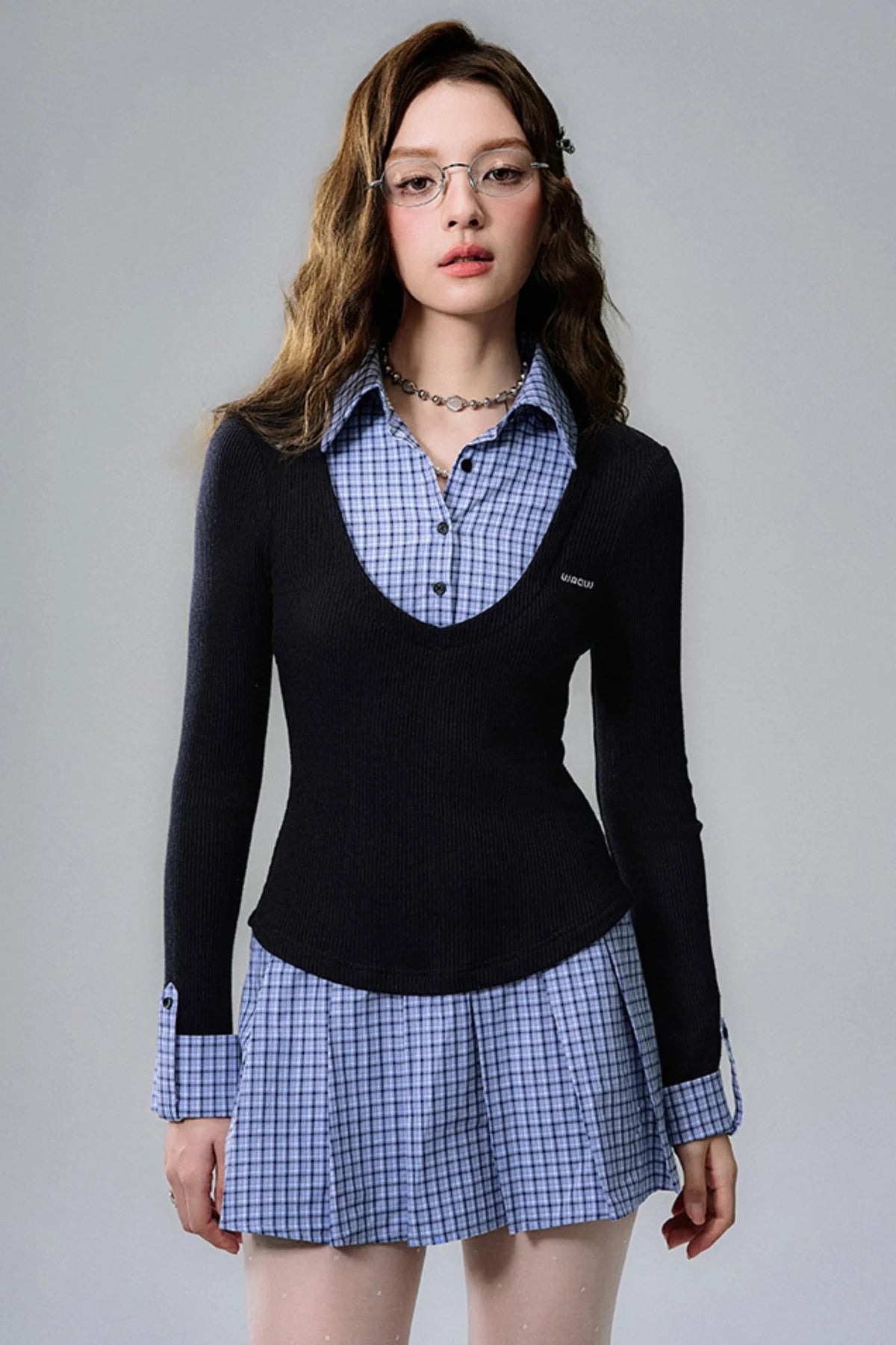 Navy Plaid Pleated Shirt Dress